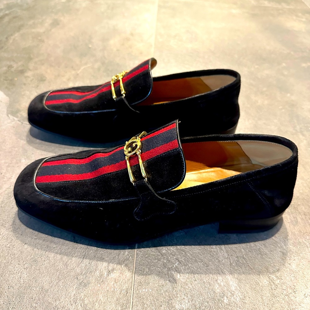 suede gucci loafer with double red stripe ribbon 
gold hardware  8.5